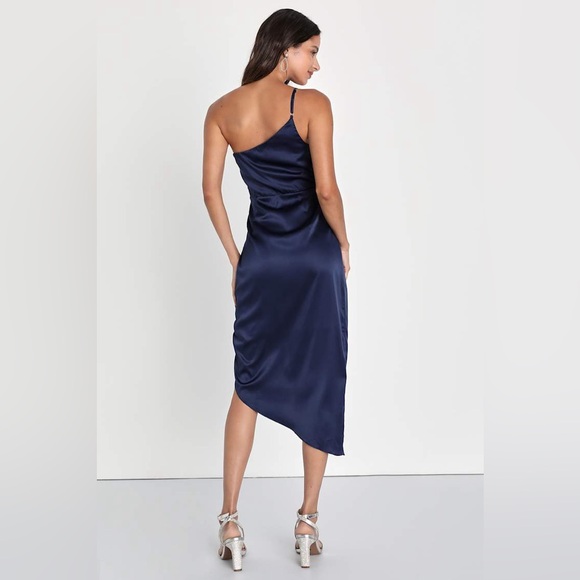 Lulus Law of Attraction Navy Blue One-Shoulder Asymmetrical Midi Dress - Picture 2 of 11